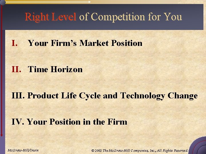 Right Level of Competition for You I. Your Firm’s Market Position II. Time Horizon