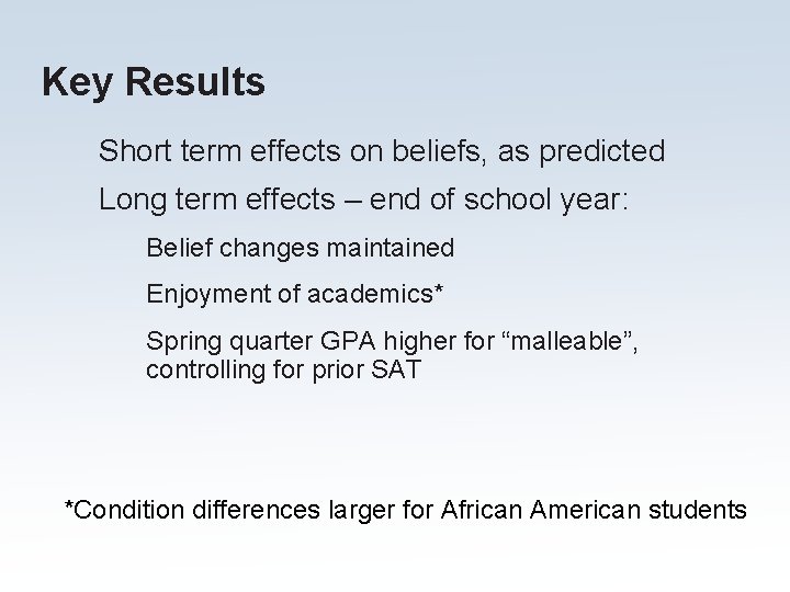 Key Results Short term effects on beliefs, as predicted Long term effects – end