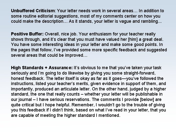 Unbuffered Criticism: Your letter needs work in several areas… In addition to some routine