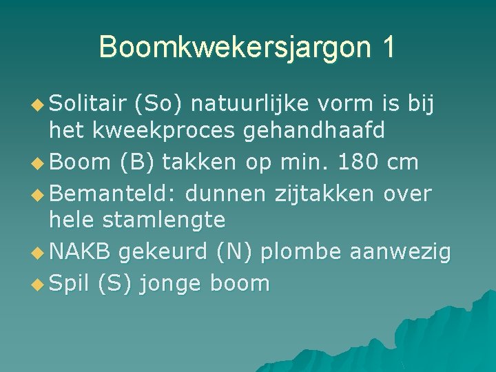 Boomkwekersjargon 1 u Solitair (So) natuurlijke vorm is bij het kweekproces gehandhaafd u Boom