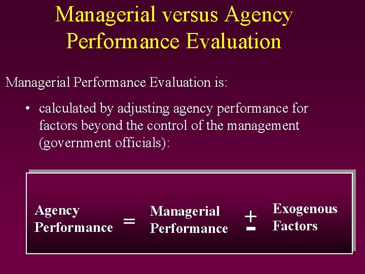 Managerial versus Agency Performance Evaluation Managerial Performance Evaluation is: • calculated by adjusting agency Managerial versus Agency Performance Evaluation Managerial Performance Evaluation is: • calculated by adjusting agency