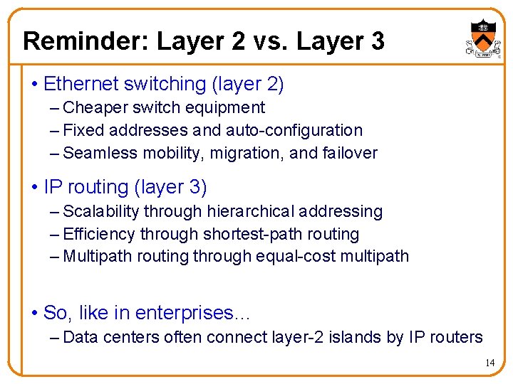 Reminder: Layer 2 vs. Layer 3 • Ethernet switching (layer 2) – Cheaper switch Reminder: Layer 2 vs. Layer 3 • Ethernet switching (layer 2) – Cheaper switch