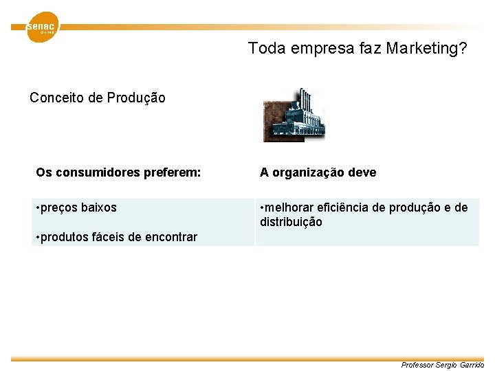 Toda empresa faz Marketing? Conceito de Produção Os consumidores preferem: A organização deve •