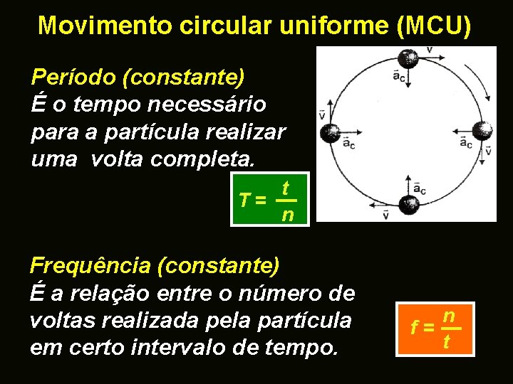 Movimento circular uniforme (MCU) Período (constante) É o tempo necessário para a partícula realizar