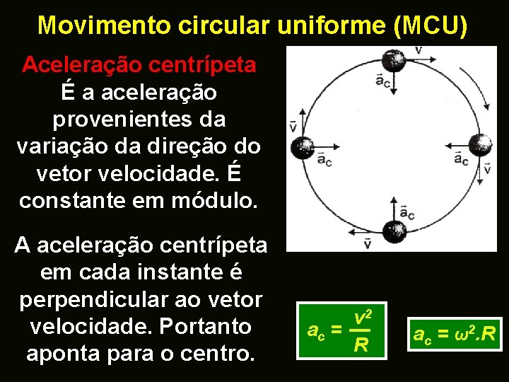 Movimento circular uniforme (MCU) Aceleração centrípeta É a aceleração provenientes da variação da direção