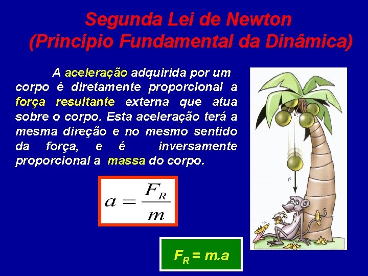Segunda Lei de Newton (Princípio Fundamental da Dinâmica) A aceleração adquirida por um corpo