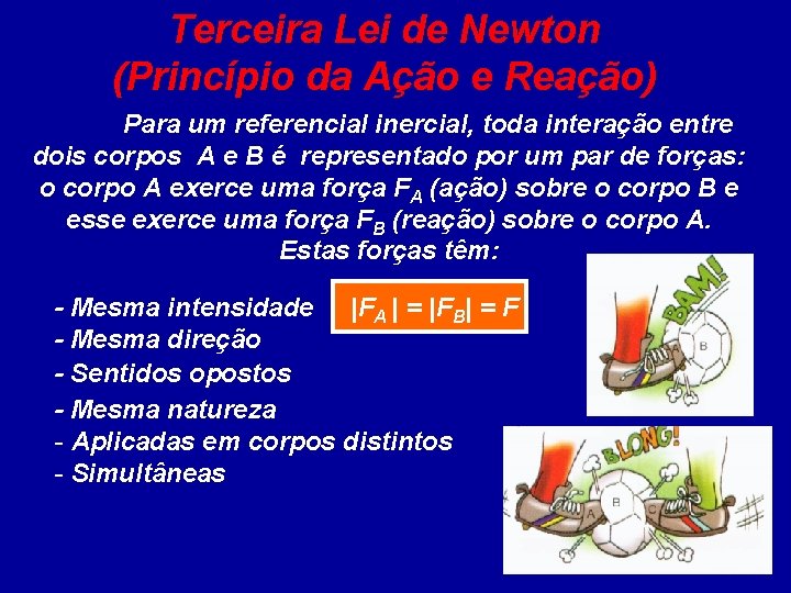 Terceira Lei de Newton (Princípio da Ação e Reação) Para um referencial inercial, toda