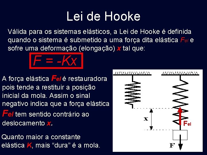Lei de Hooke Válida para os sistemas elásticos, a Lei de Hooke é definida