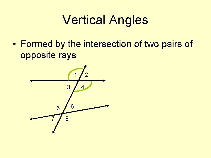 Vertical Angles • Formed by the intersection of two pairs of opposite rays 1