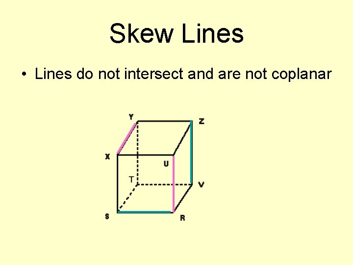 Skew Lines • Lines do not intersect and are not coplanar 