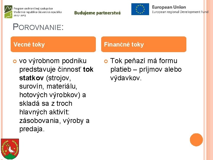 POROVNANIE: Vecné toky vo výrobnom podniku predstavuje činnosť tok statkov (strojov, surovín, materiálu, hotových