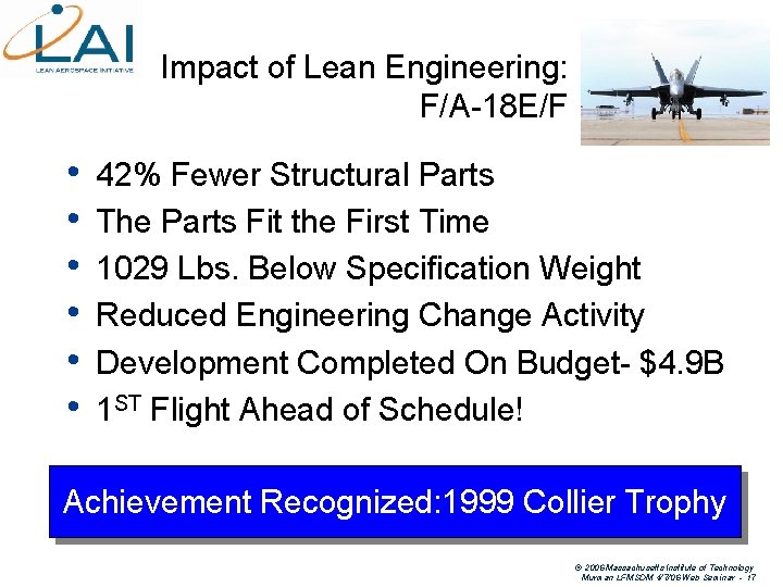 Impact of Lean Engineering: F/A-18 E/F • • • 42% Fewer Structural Parts The