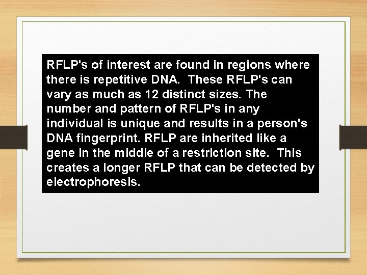 RFLP's of interest are found in regions where there is repetitive DNA. These RFLP's RFLP's of interest are found in regions where there is repetitive DNA. These RFLP's