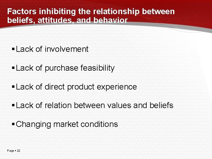 Factors inhibiting the relationship between beliefs, attitudes, and behavior Lack of involvement Lack of