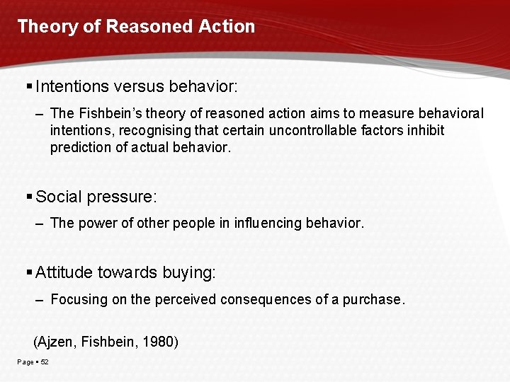 Theory of Reasoned Action Intentions versus behavior: – The Fishbein’s theory of reasoned action