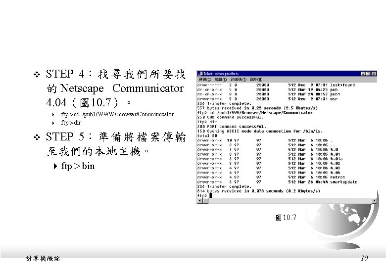 v STEP 4：找尋我們所要找 的 Netscape Communicator 4. 04（圖 10. 7）。 4 ftp＞cd /pub 1/WWW/Browser/Communicator