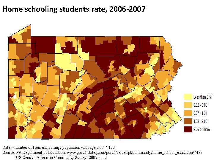 Home schooling students rate, 2006 -2007 Rate = number of Homeschooling / population with