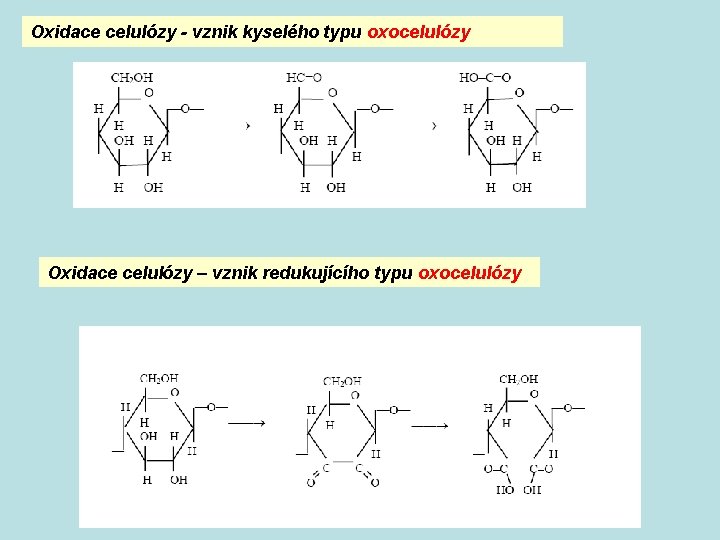 Oxidace celulózy - vznik kyselého typu oxocelulózy Oxidace celulózy – vznik redukujícího typu oxocelulózy