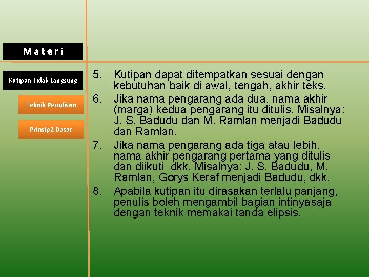 Materi Kutipan Tidak Langsung Teknik Penulisan Prinsip 2 Dasar 5. Kutipan dapat ditempatkan sesuai