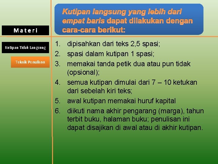 Materi Kutipan Tidak Langsung Teknik Penulisan Kutipan langsung yang lebih dari empat baris dapat