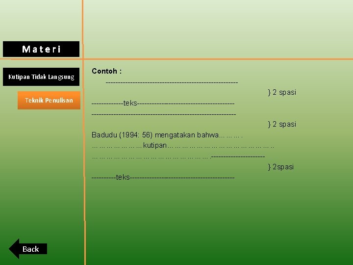 Materi Kutipan Tidak Langsung Teknik Penulisan Contoh : ---------------------------} 2 spasi -------teks-------------------------------------------------} 2 spasi