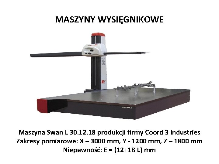 MASZYNY WYSIĘGNIKOWE Maszyna Swan L 30. 12. 18 produkcji firmy Coord 3 Industries Zakresy
