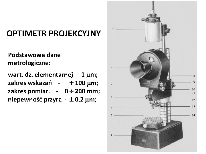 OPTIMETR PROJEKCYJNY Józef Zawada, PŁ Podstawowe dane metrologiczne: wart. dz. elementarnej - 1 mm;