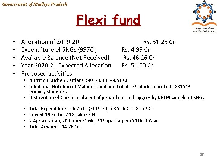 Government of Madhya Pradesh Flexi fund • • • Allocation of 2019 -20 Expenditure