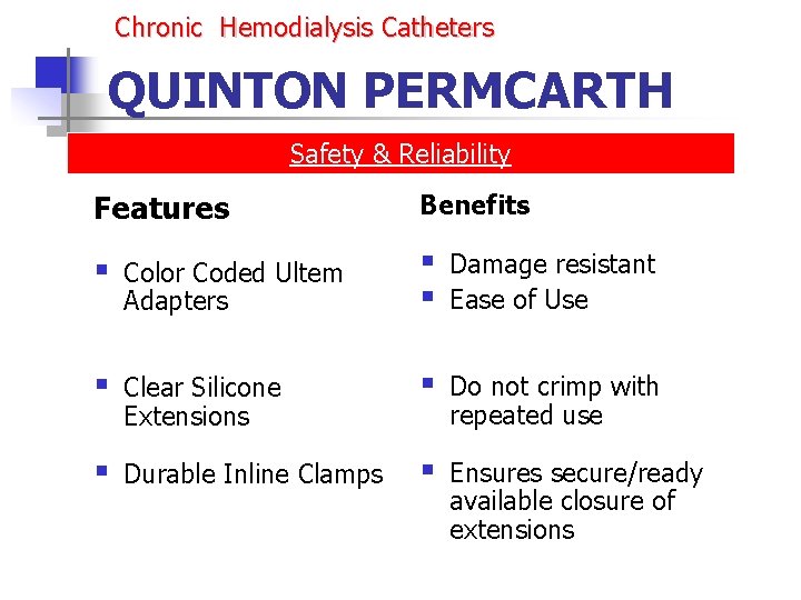 Chronic Hemodialysis Catheters QUINTON PERMCARTH Safety & Reliability Features Benefits § Color Coded Ultem Chronic Hemodialysis Catheters QUINTON PERMCARTH Safety & Reliability Features Benefits § Color Coded Ultem