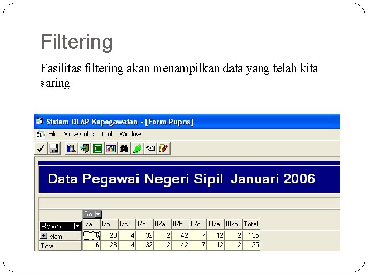 Filtering Fasilitas filtering akan menampilkan data yang telah kita saring 