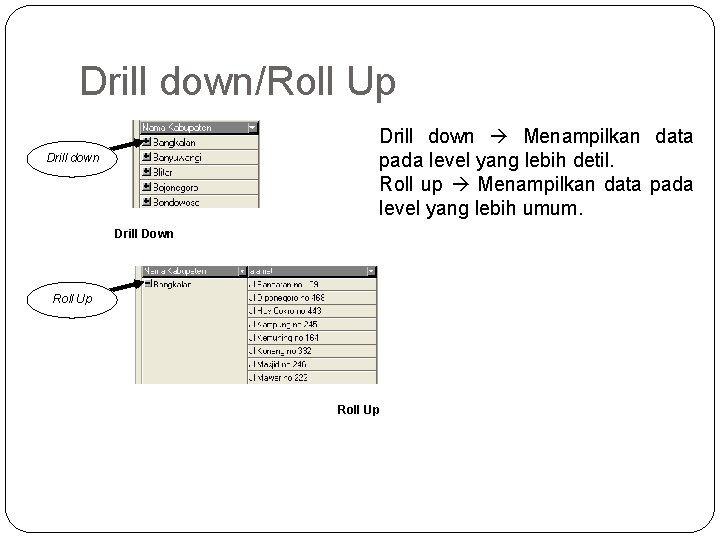 Drill down/Roll Up Drill down Menampilkan data pada level yang lebih detil. Roll up