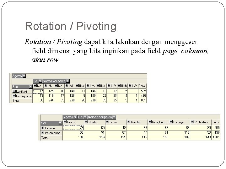 Rotation / Pivoting dapat kita lakukan dengan menggeser field dimensi yang kita inginkan pada