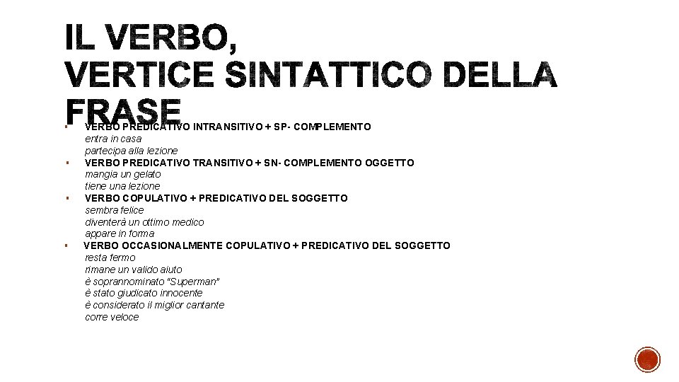 § § VERBO PREDICATIVO INTRANSITIVO + SP- COMPLEMENTO entra in casa partecipa alla lezione