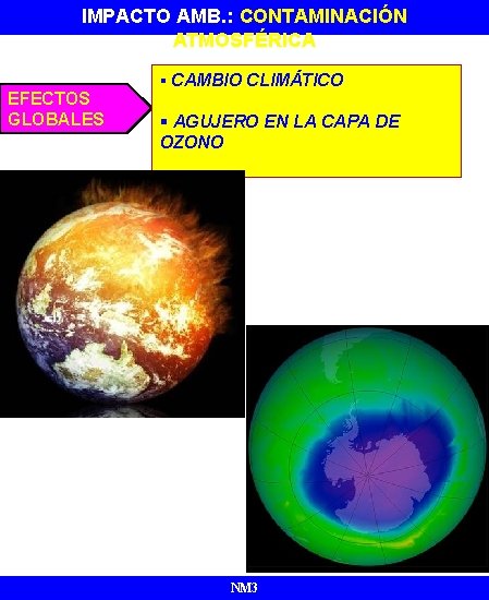 IMPACTO AMB. : AMBIENTAL CONTAMINACIÓN IMPACTO ATMOSFÉRICA EFECTOS GLOBALES § CAMBIO CLIMÁTICO § AGUJERO