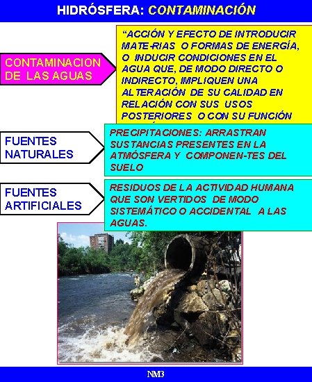 HIDRÓSFERA: CONTAMINACIÓN ATMÓSFERA “ACCIÓN Y EFECTO DE INTRODUCIR MATE-RIAS O FORMAS DE ENERGÍA, O