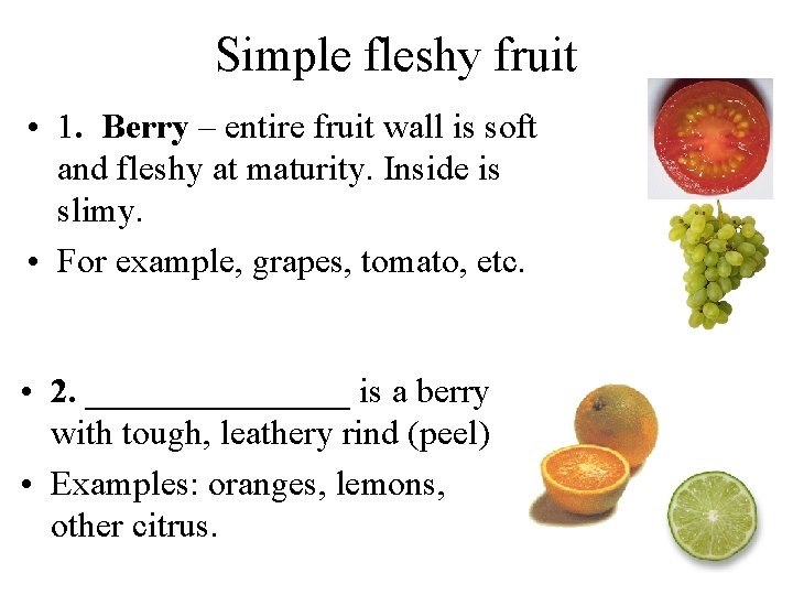 Simple fleshy fruit • 1. Berry – entire fruit wall is soft and fleshy