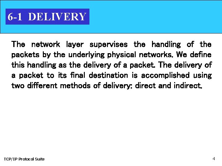 6 -1 DELIVERY The network layer supervises the handling of the packets by the