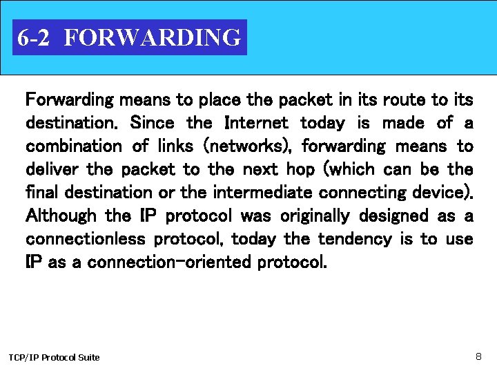 6 -2 FORWARDING Forwarding means to place the packet in its route to its