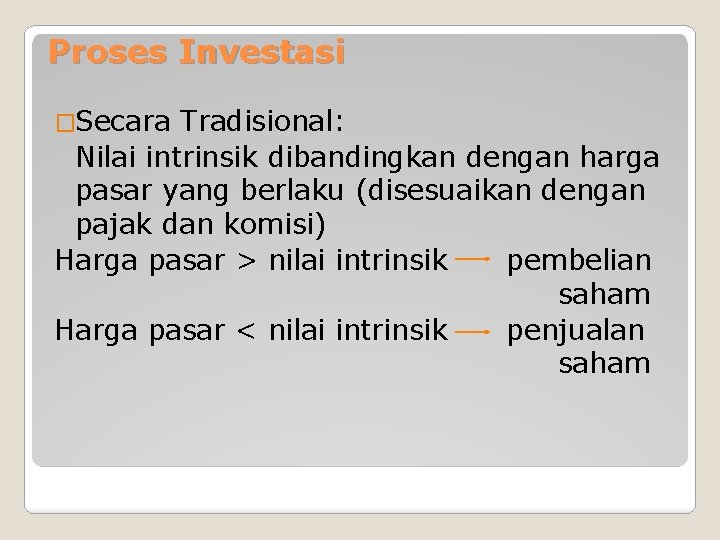 Proses Investasi �Secara Tradisional: Nilai intrinsik dibandingkan dengan harga pasar yang berlaku (disesuaikan dengan