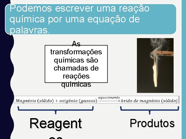 Podemos escrever uma reação química por uma equação de palavras. As transformações químicas são