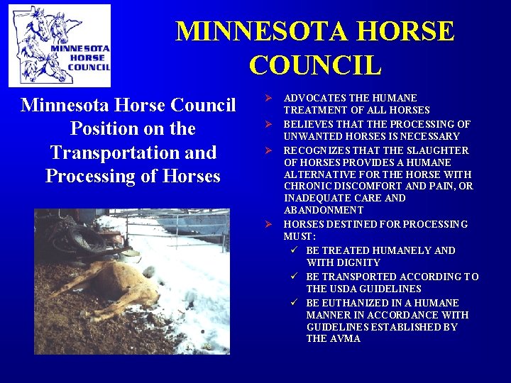 MINNESOTA HORSE COUNCIL Minnesota Horse Council Position on the Transportation and Processing of Horses MINNESOTA HORSE COUNCIL Minnesota Horse Council Position on the Transportation and Processing of Horses