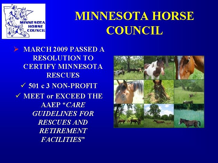 MINNESOTA HORSE COUNCIL Ø MARCH 2009 PASSED A RESOLUTION TO CERTIFY MINNESOTA RESCUES ü MINNESOTA HORSE COUNCIL Ø MARCH 2009 PASSED A RESOLUTION TO CERTIFY MINNESOTA RESCUES ü