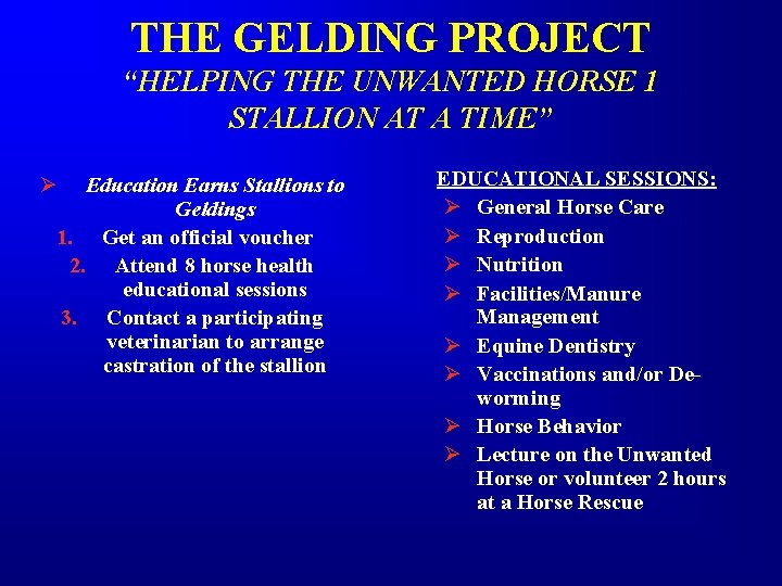 THE GELDING PROJECT “HELPING THE UNWANTED HORSE 1 STALLION AT A TIME” Ø Education THE GELDING PROJECT “HELPING THE UNWANTED HORSE 1 STALLION AT A TIME” Ø Education