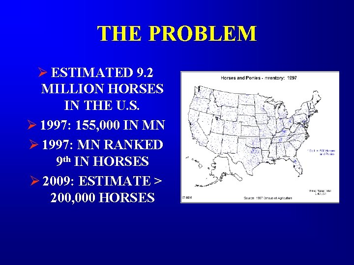 THE PROBLEM Ø ESTIMATED 9. 2 MILLION HORSES IN THE U. S. Ø 1997: THE PROBLEM Ø ESTIMATED 9. 2 MILLION HORSES IN THE U. S. Ø 1997: