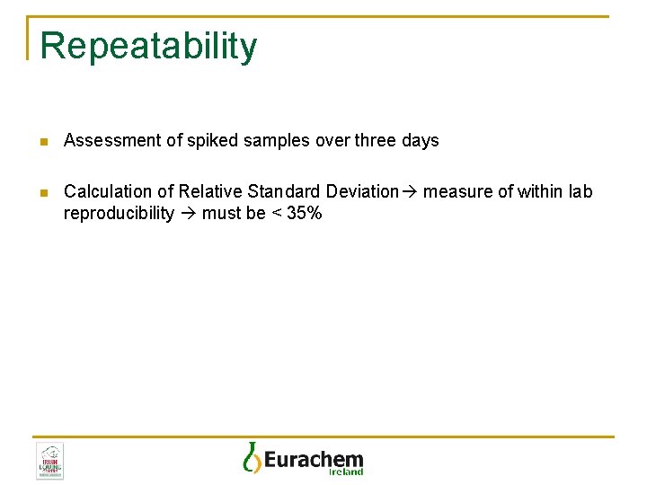 Repeatability n Assessment of spiked samples over three days n Calculation of Relative Standard