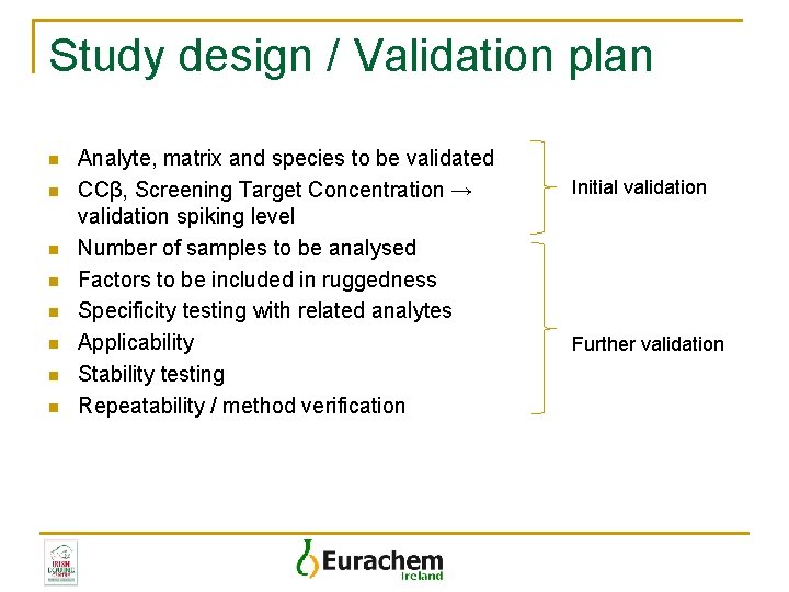 Study design / Validation plan n n n n Analyte, matrix and species to