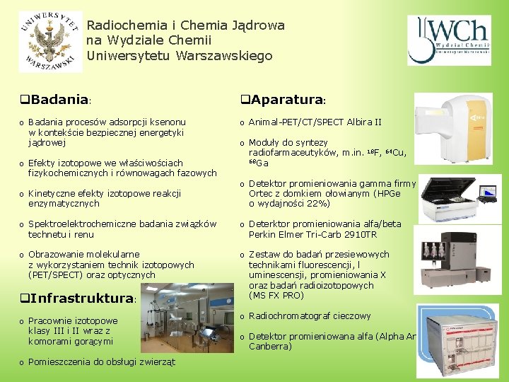 Radiochemia i Chemia Jądrowa na Wydziale Chemii Uniwersytetu Warszawskiego q. Badania: q. Aparatura: o Radiochemia i Chemia Jądrowa na Wydziale Chemii Uniwersytetu Warszawskiego q. Badania: q. Aparatura: o