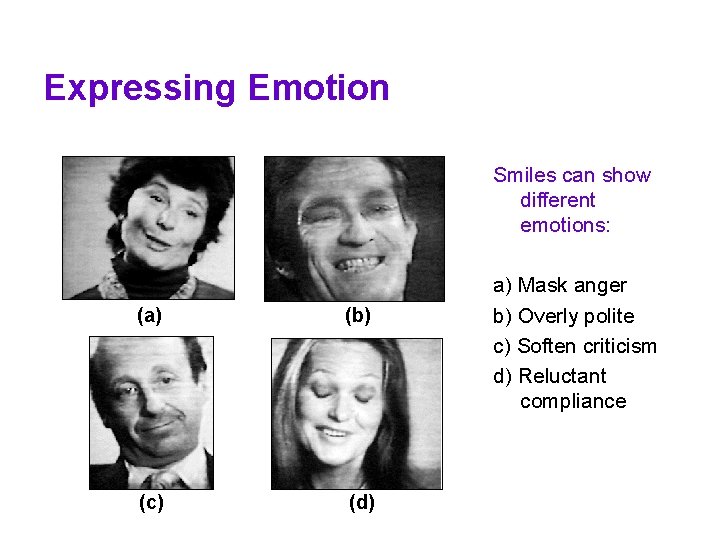 Expressing Emotion Smiles can show different emotions: (a) (b) (c) (d) a) Mask anger Expressing Emotion Smiles can show different emotions: (a) (b) (c) (d) a) Mask anger
