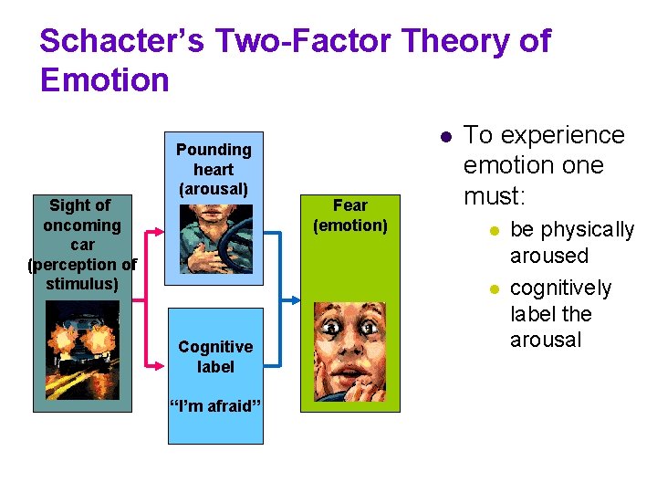 Schacter’s Two-Factor Theory of Emotion Sight of oncoming car (perception of stimulus) Pounding heart Schacter’s Two-Factor Theory of Emotion Sight of oncoming car (perception of stimulus) Pounding heart