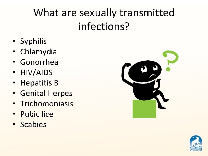 What are sexually transmitted infections? • • • Syphilis Chlamydia Gonorrhea HIV/AIDS Hepatitis B